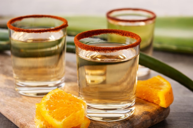 Bebida mexicana de mezcal com fatias de laranja e sal de minhoca na mesa de madeira