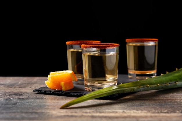 Bebida mexicana mezcal com sal de minhoca na mesa de madeira