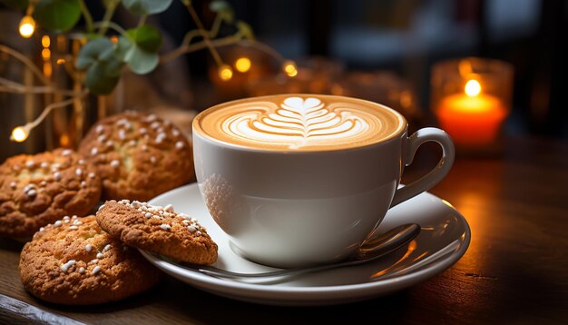 Bebida quente na mesa de madeira café cappuccino latte chocolate gerado por inteligência artificial