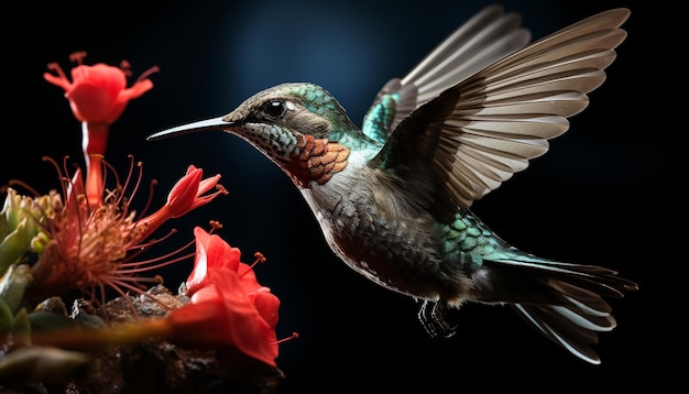 Foto grátis beija-flor voando pairando flor polinizadora cores vibrantes beleza natural gerada por inteligência artificial