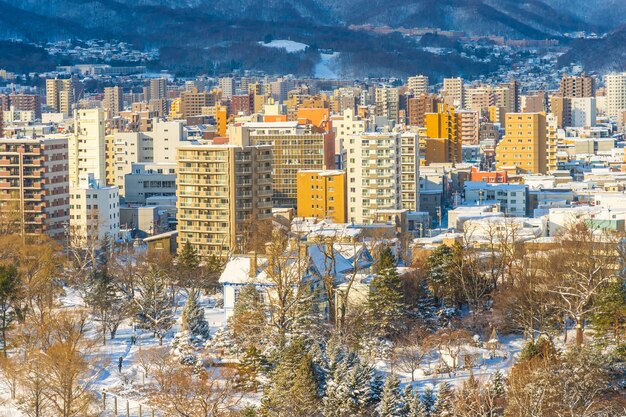 Bela arquitetura edifício com paisagem de montanha na temporada de inverno cidade de Sapporo Hokkaido Japão