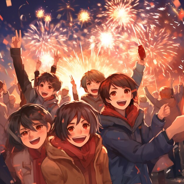 Bela cena da véspera de Ano Novo do anime