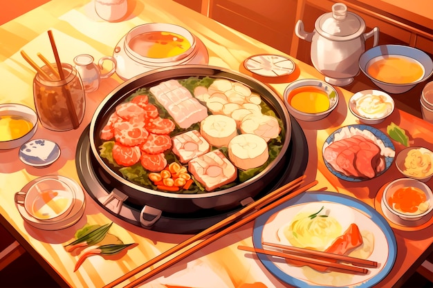 Foto grátis bela cena de desenho animado de comida de anime