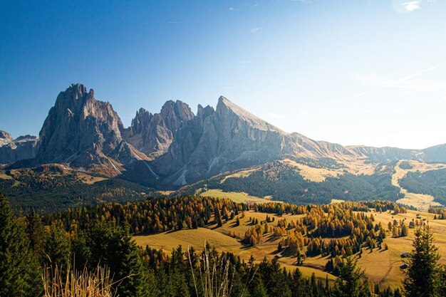 Bela foto da dolomita com montanhas e árvores sob um céu azul na Itália