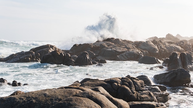 Foto grátis bela foto das ondas do oceano tempestuoso atingindo as pedras na praia