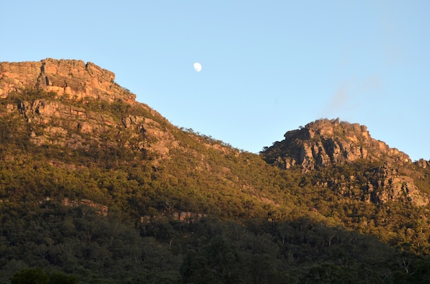 Bela foto de montanhas arborizadas sob um céu claro, com uma lua visível durante o dia