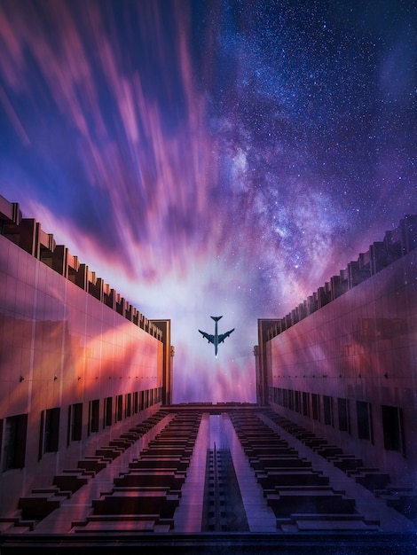 Bela foto de um avião passando por cima do prédio com um céu estrelado ao fundo