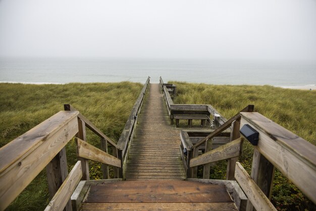 Bela foto de um caminho de madeira nas colinas na costa do oceano na ilha de Sylt na Alemanha