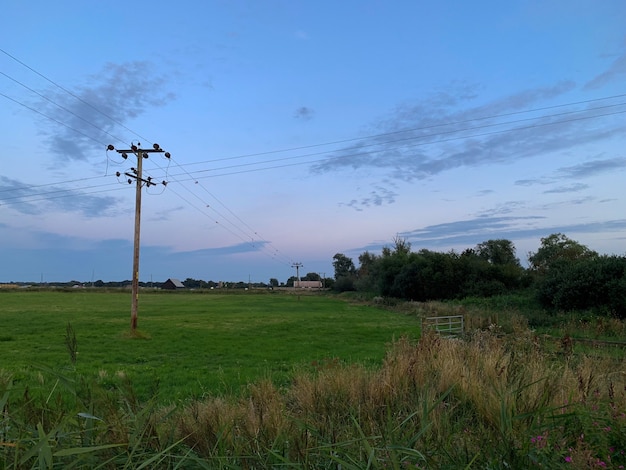 Bela foto de um campo verde com um céu azul nublado