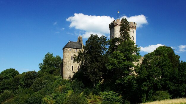 Bela foto de um castelo histórico, rodeado por árvores verdes sob o céu nublado