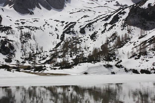 Bela foto de um lago cercado por altas montanhas rochosas cobertas de neve