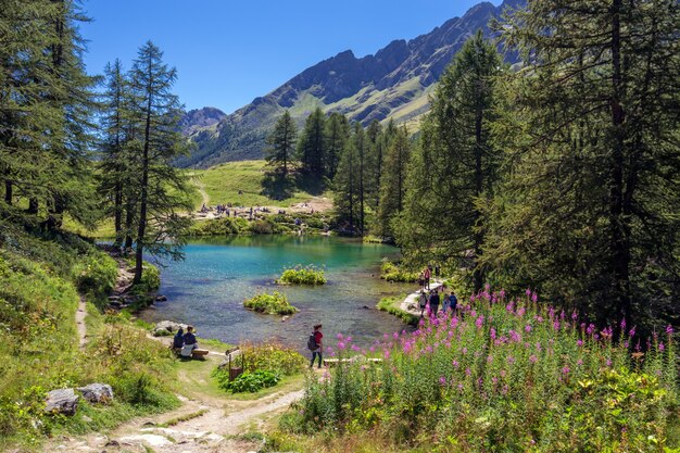 Bela foto de um lago perto das montanhas e cercado por árvores e pessoas