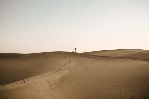 Bela foto de uma colina no deserto com duas fêmeas de mãos dadas no topo à distância