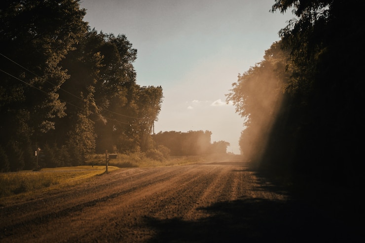 Foto grátis bela foto de uma estrada de cascalho rural em um dia ensolarado com árvores de ambos os lados
