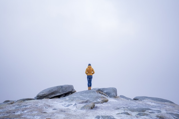 Bela foto de uma mulher com um pé de casaco amarelo na pedra nas montanhas nevadas