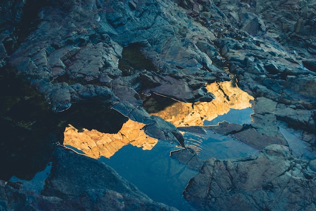 Bela foto de uma poça com o reflexo de falésias em um litoral rochoso