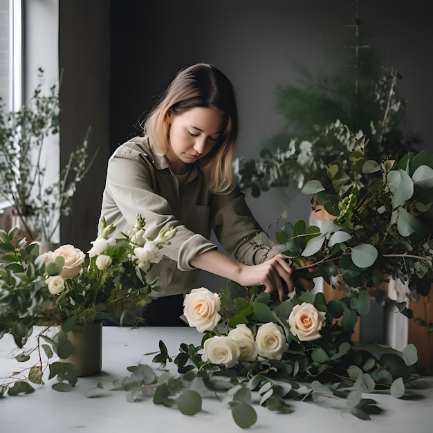 Bela jovem florista fazendo um buquê de rosas brancas