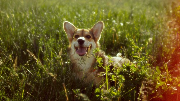 Bela natureza retrô com cachorro sorridente