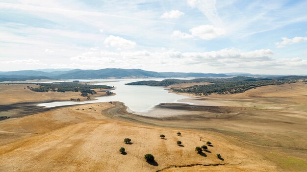 Bela paisagem com árvores e lago tirada por drone