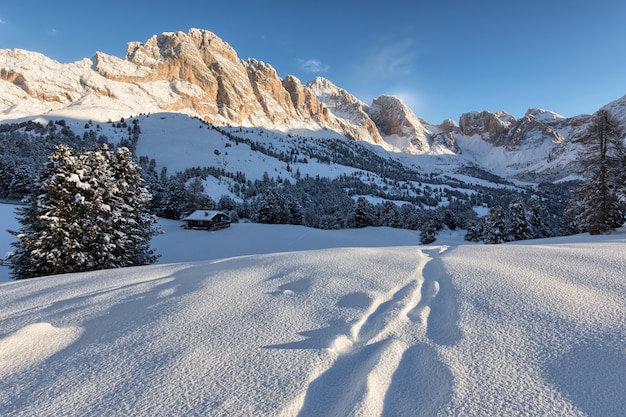 Bela paisagem de neve com as montanhas ao fundo