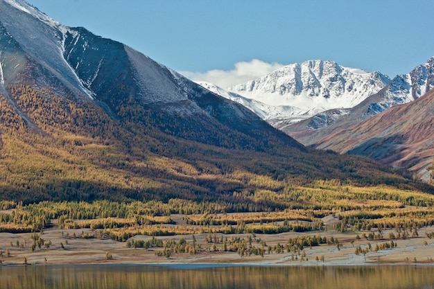 Bela paisagem rodeada de montanhas cobertas de neve