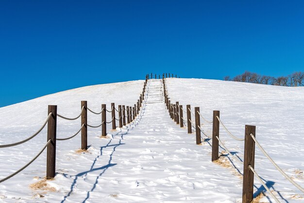 Bela passarela de escada de neve e céu azul coberto de neve, paisagem de inverno