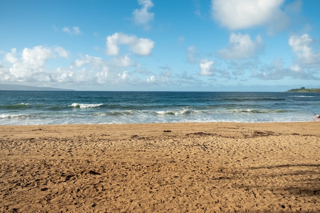 Bela praia de areia com mar e céu azuis