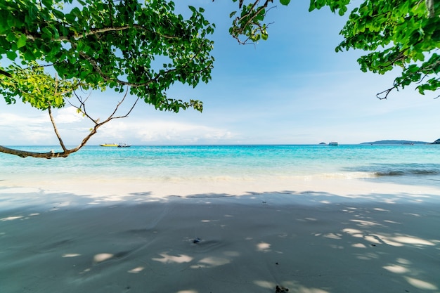 Bela praia de areia com ondas quebrando na costa arenosa em ilhas similan belo mar tropical ilha similan no.4 no parque nacional similan, phang nga tailândia.
