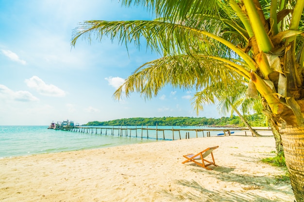 Bela praia tropical e mar com coqueiro na ilha paradisíaca