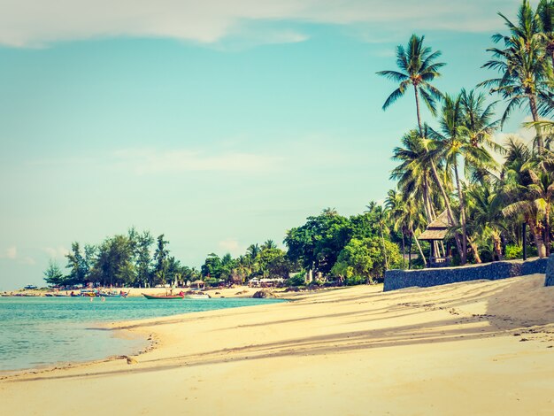 Bela praia tropical e mar com palmeira de coco