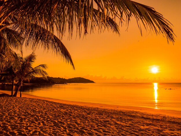 Bela praia tropical mar e oceano com palmeira de coco na hora do nascer do sol