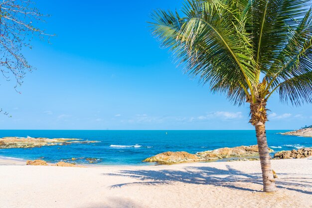 Bela praia tropical mar oceano com palmeira de coco ao redor de uma nuvem branca de céu azul para o fundo de viagens de férias