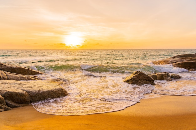 Bela praia tropical mar oceano em torno de palmeira de coco ao pôr do sol ou nascer do sol para o fundo de viagens de férias