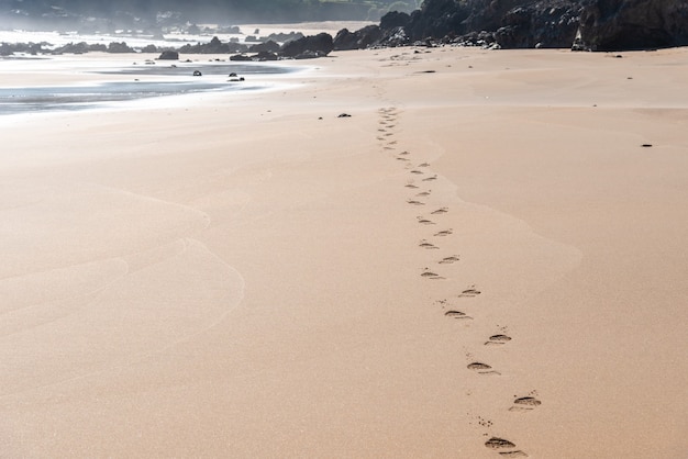 Bela vista das pegadas na areia da praia perto da costa com pedras ao fundo