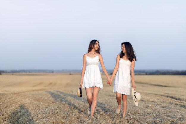 Belas garotas elegantes em um campo de trigo outono