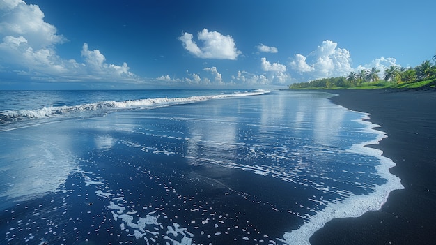 Belas paisagens naturais com praia de areia preta e oceano