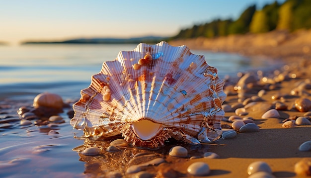 Beleza da natureza no verão, água, areia, litoral, concha animal, concha, gerada por inteligência artificial