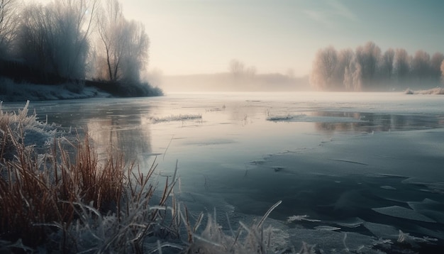 Beleza de reflexão de árvore congelada de paisagem de inverno tranquila gerada por IA