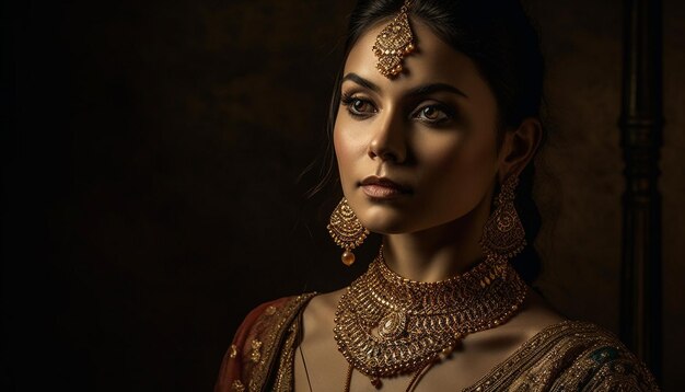 Beleza elegante em ouro e roupas tradicionais geradas por IA