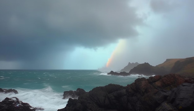 Foto grátis beleza na natureza ondas quebram na costa rochosa ao entardecer gerada por ia