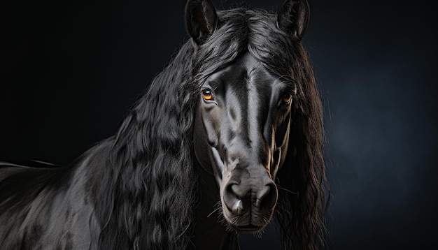 Belo cavalo preto com um olhar cativante na natureza gerado pela inteligência artificial