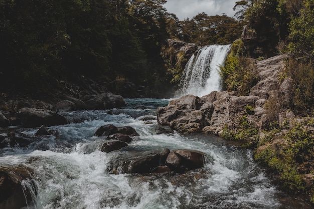 Belo cenário de uma cachoeira poderosa em gollum's pool, nova zelândia