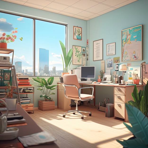 Belo espaço de escritório em estilo de desenho animado