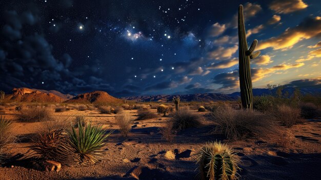 Belos cactos com paisagem desértica e noite