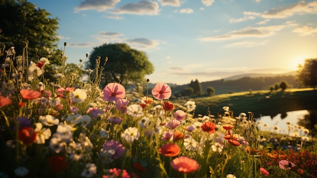 Belos campos de flores florescentes na primavera