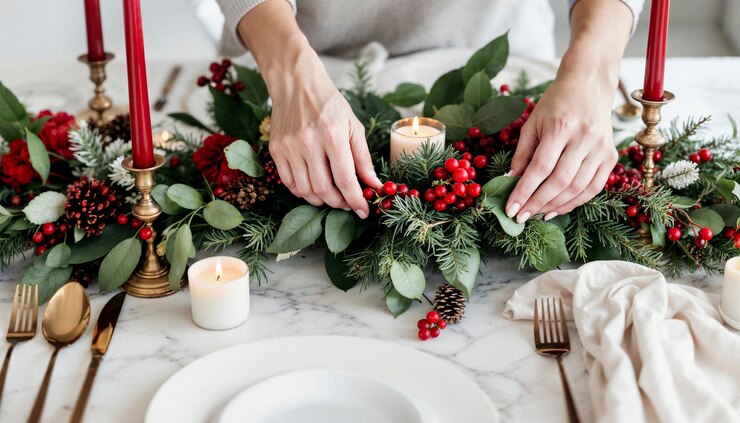 Foto grátis belos detalhes da preparação da mesa de natal