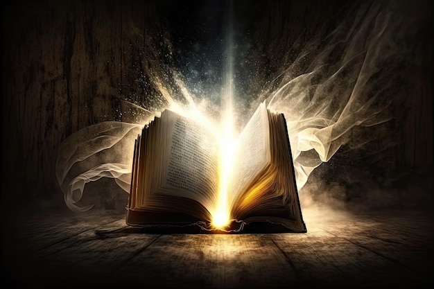 Bíblia Sagrada com raios de luz saindo de IA generativa