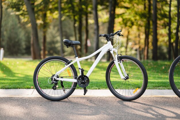 Bicicleta branca parada no parque