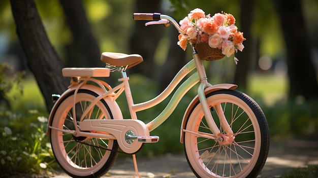 Bicicleta de perto com flores no cesto