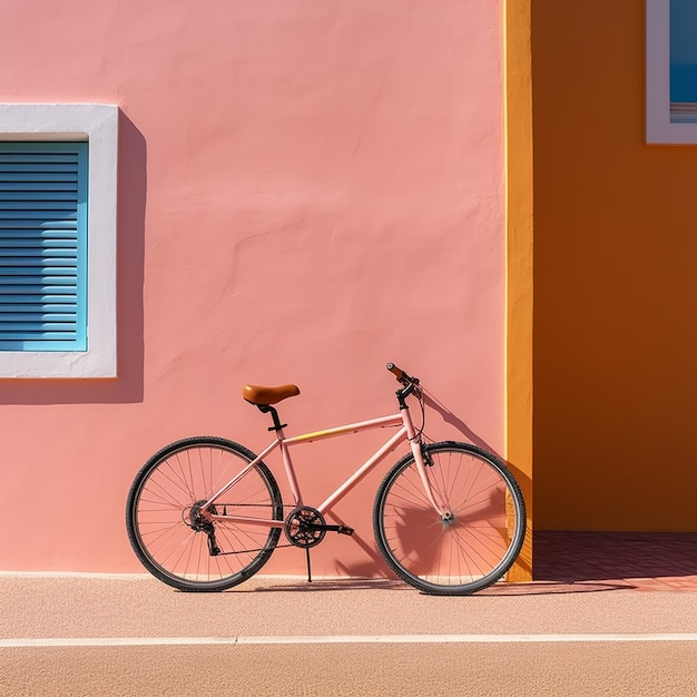 Bicicleta sentada na parede rosa